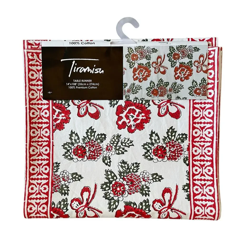 Tiramisu Block Print Cotton Table Runner 14x108 Pink & Red Floral Butterfly NEW